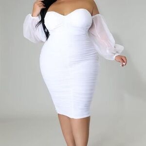 NWOT EDITCOZY Off Shoulder Mesh Long Sleeve Ruched Midi Dress, XL